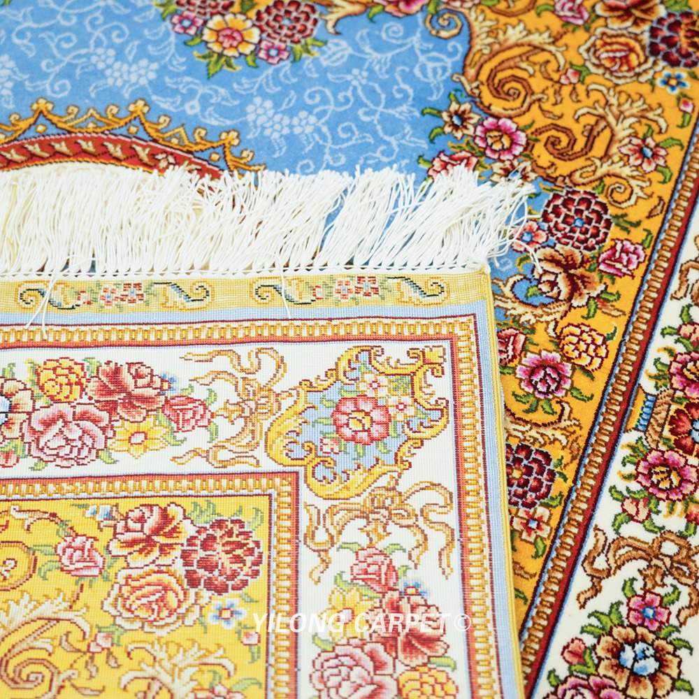 Luxury Rug Blue Golden Hand Knotted Silk Rug 2.25x4ft - Image 9