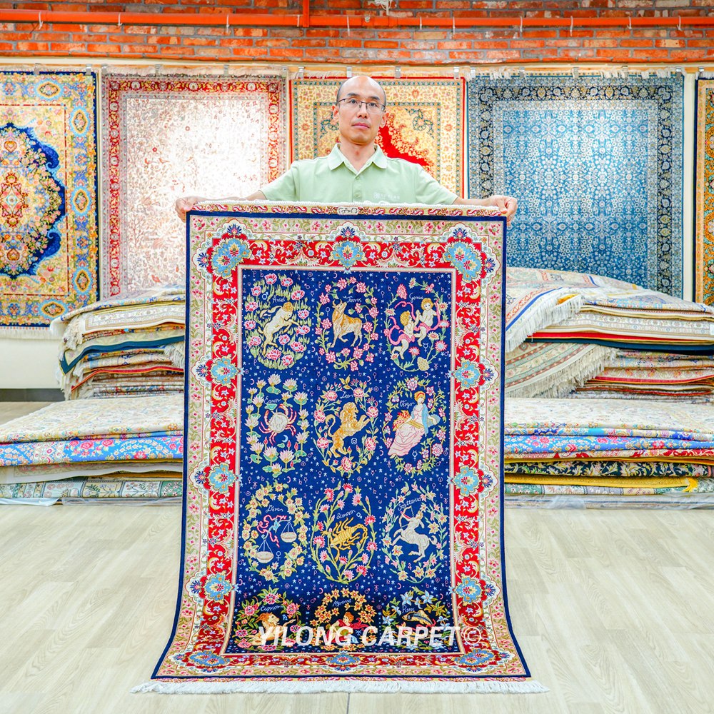 The 12 Zodiac Signs Design Persian Hand-Knotted Silk Area Rug for Home Decor 3x5ft