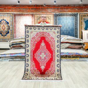 Red Persian Floral Hand-Knotted Silk Oriental Area Rug for Office 3x5ft