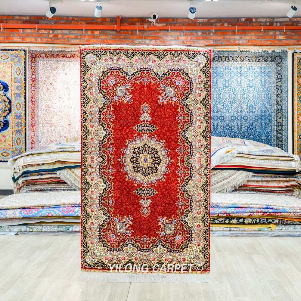 Red Traditional Persian Floral Hand-Knotted Pure Silk Qom Rug 3x5ft - Image 3