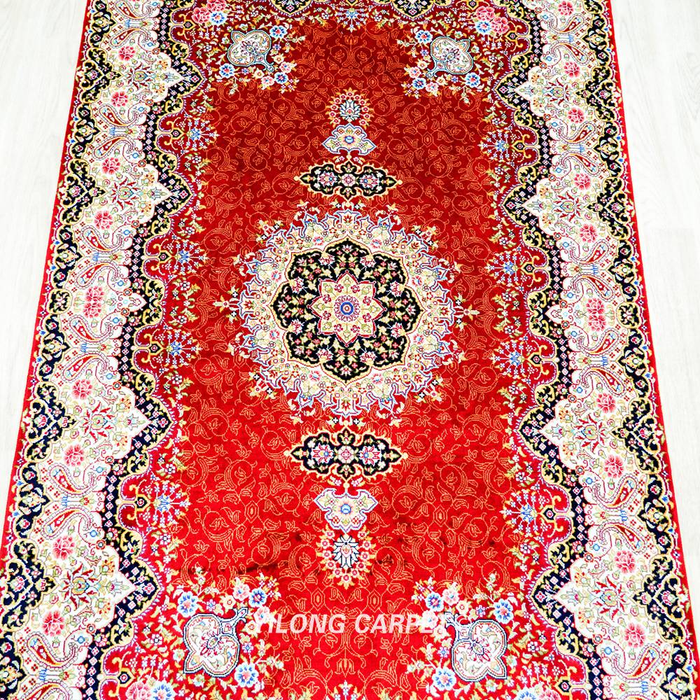 Red Traditional Persian Floral Hand-Knotted Pure Silk Qom Rug 3x5ft - Image 5