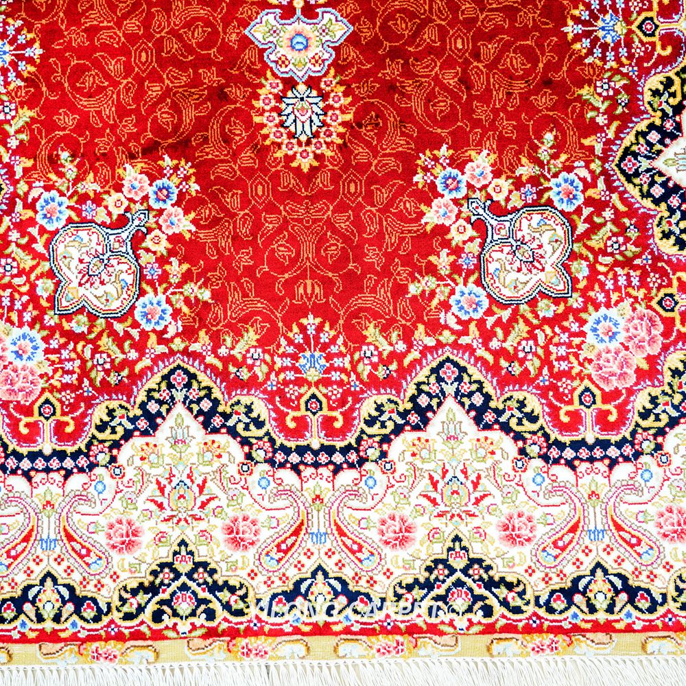 Red Traditional Persian Floral Hand-Knotted Pure Silk Qom Rug 3x5ft - Image 6