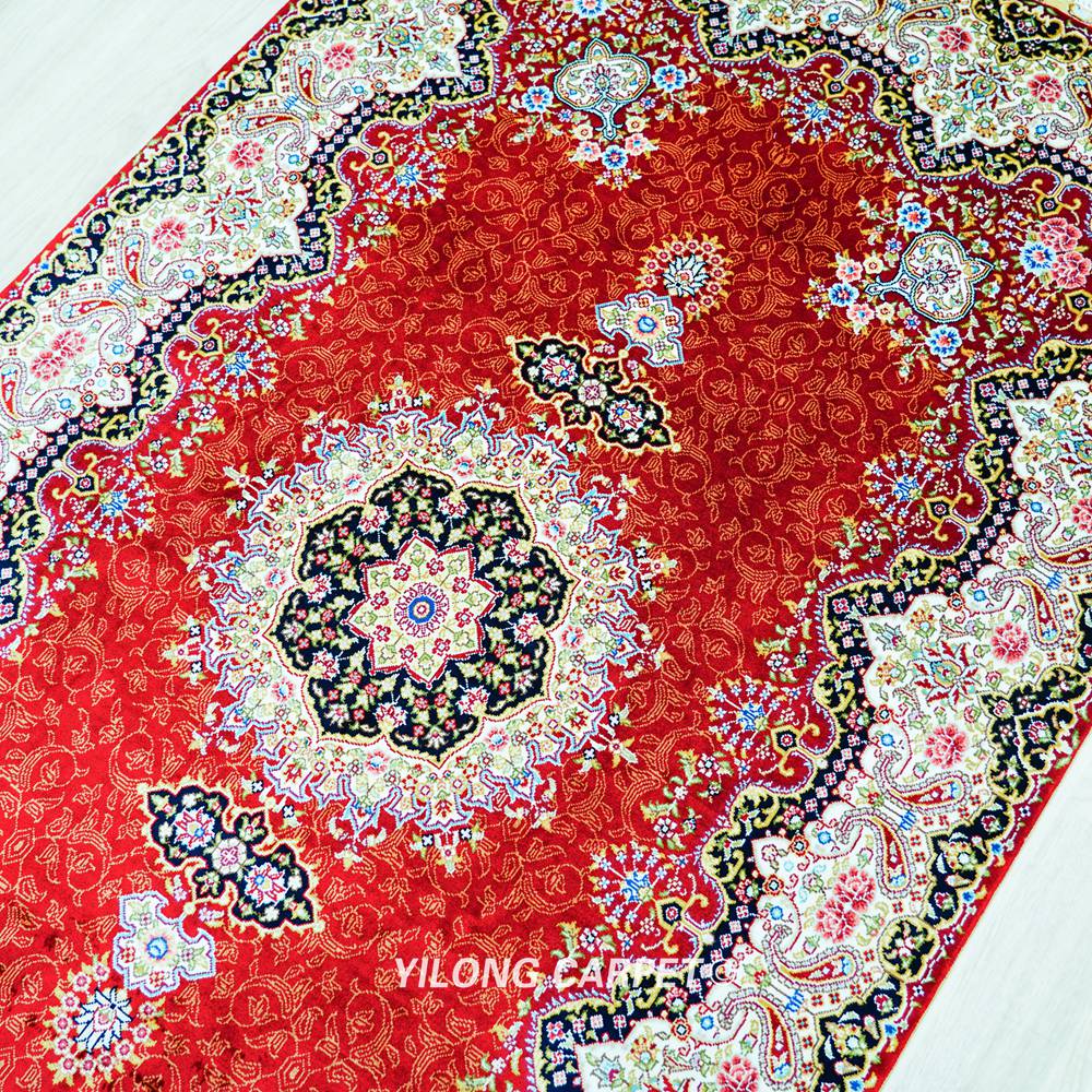 Red Traditional Persian Floral Hand-Knotted Pure Silk Qom Rug 3x5ft - Image 7