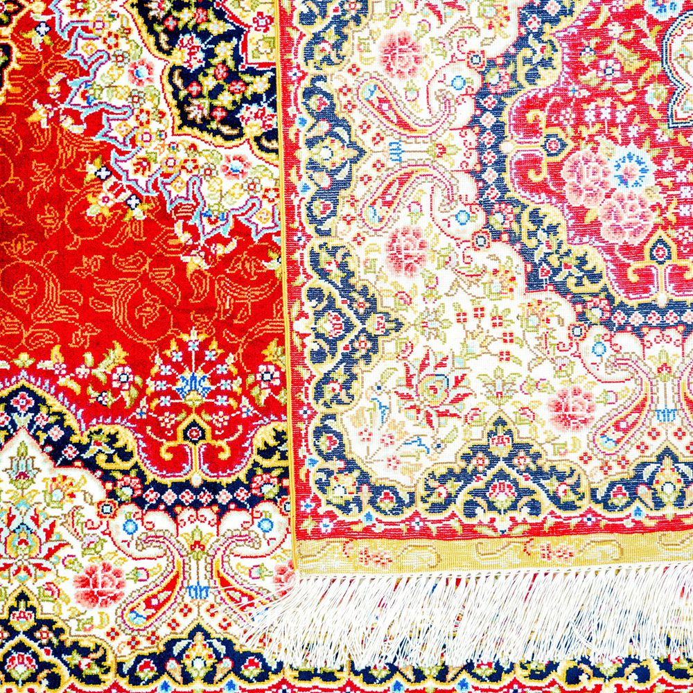 Red Traditional Persian Floral Hand-Knotted Pure Silk Qom Rug 3x5ft - Image 9