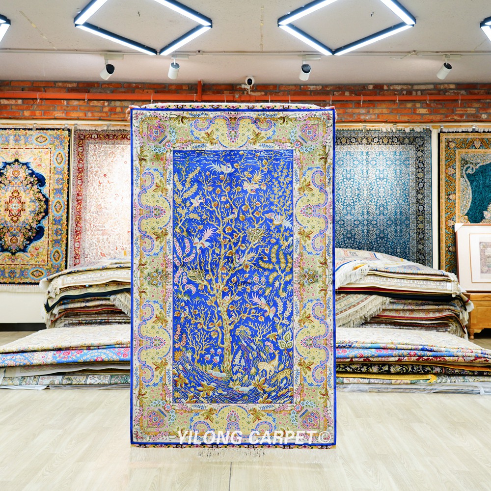 Blue Tree of Life Persian Hand-Knotted Silk Rug for Home Decor 3x5ft - Image 3