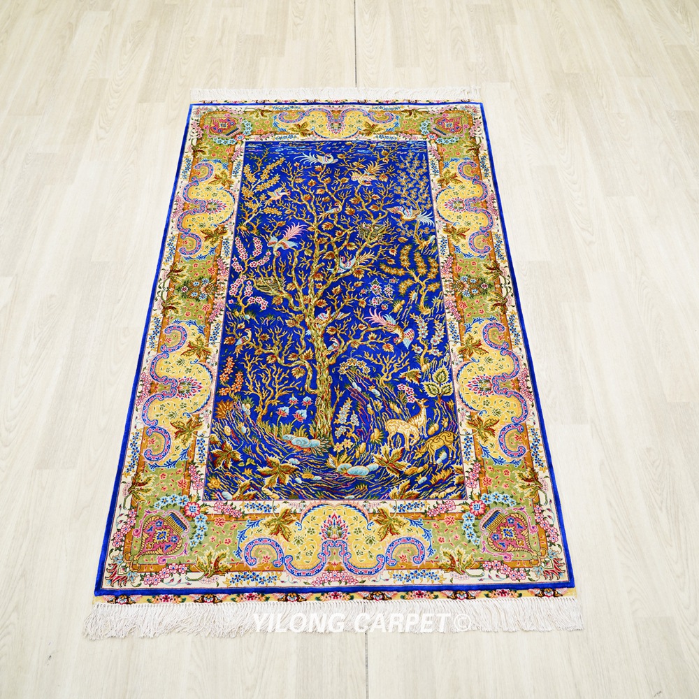 Blue Tree of Life Persian Hand-Knotted Silk Rug for Home Decor 3x5ft - Image 4