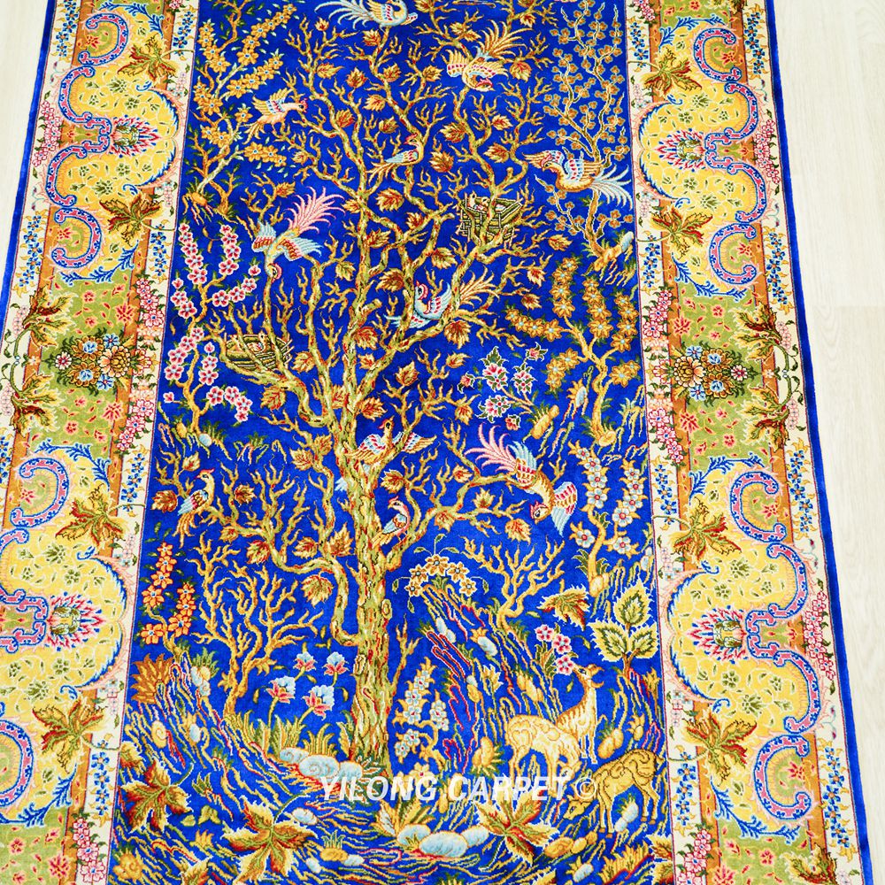 Blue Tree of Life Persian Hand-Knotted Silk Rug for Home Decor 3x5ft - Image 5