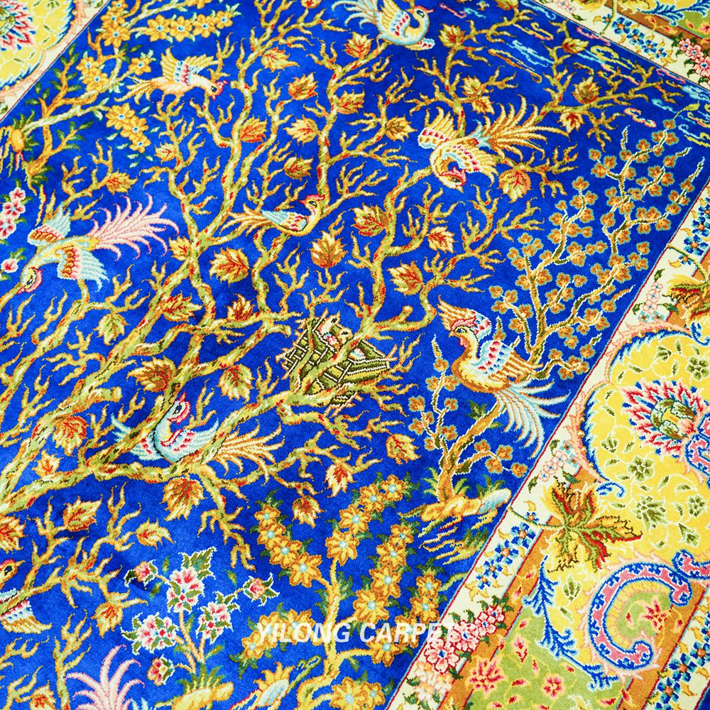 Blue Tree of Life Persian Hand-Knotted Silk Rug for Home Decor 3x5ft - Image 7
