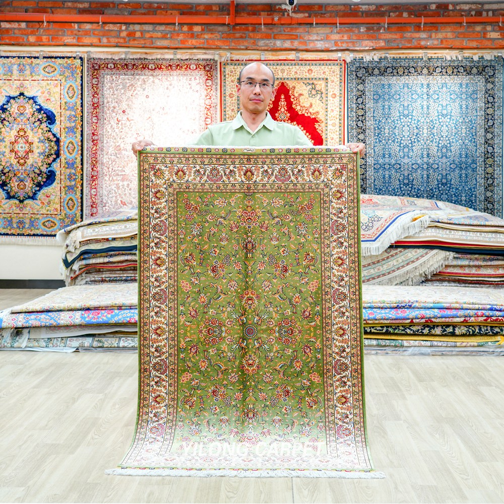 Green Floral Oriental Hand-Knotted Silk Persian Rug for Home Decor 3x5ft