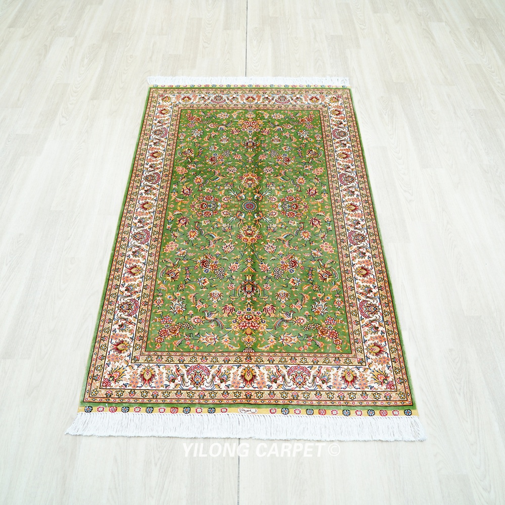 Green Floral Oriental Hand-Knotted Silk Persian Rug for Home Decor 3x5ft - Image 4
