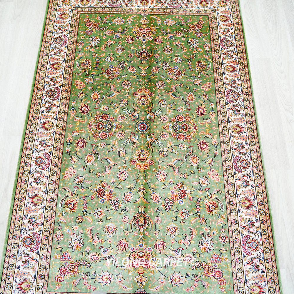 Green Floral Oriental Hand-Knotted Silk Persian Rug for Home Decor 3x5ft - Image 5