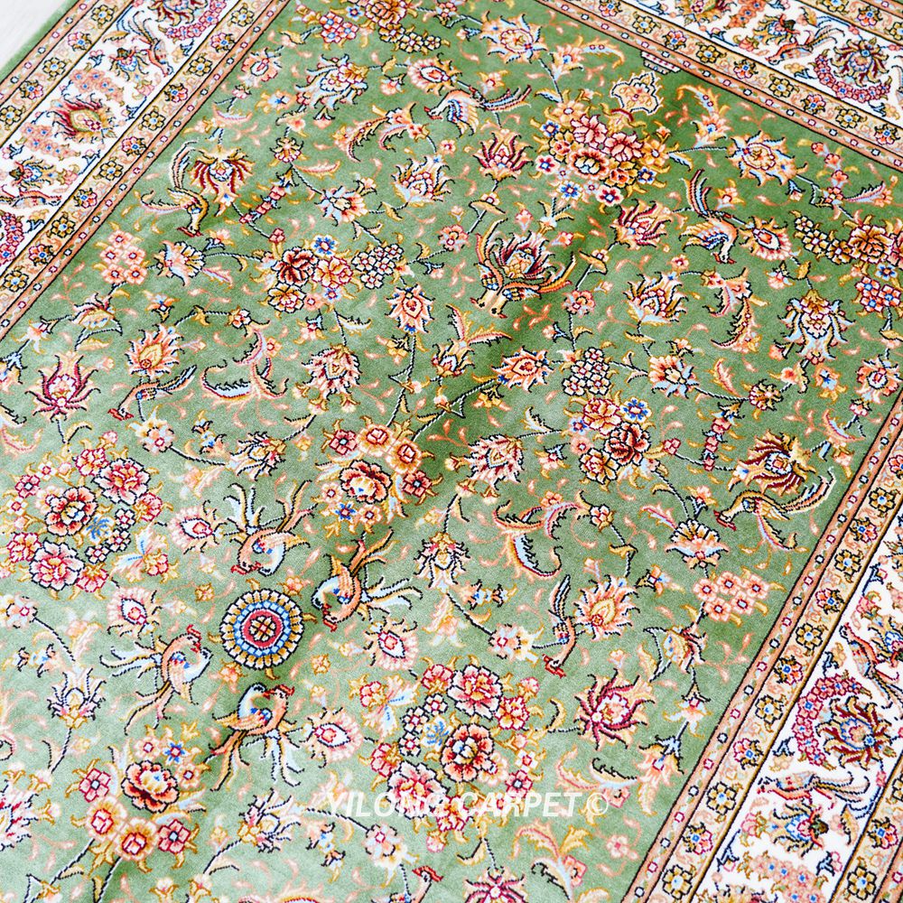 Green Floral Oriental Hand-Knotted Silk Persian Rug for Home Decor 3x5ft - Image 6