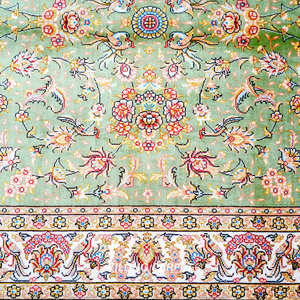 Green Floral Oriental Hand-Knotted Silk Persian Rug for Home Decor 3x5ft - Image 7