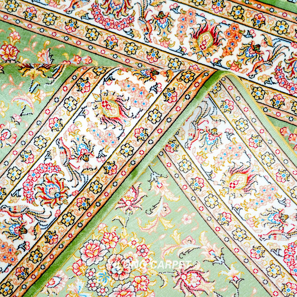 Green Floral Oriental Hand-Knotted Silk Persian Rug for Home Decor 3x5ft - Image 8