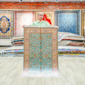 Hand-Knotted Silk Hereke Oriental Green Rug as a Home Decor Piece 3x5ft