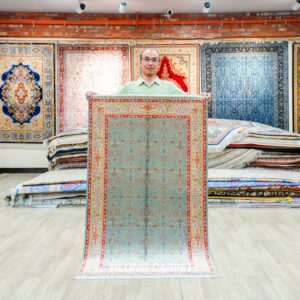 Home or Office Blue Hereke Design Persian Hand-Knotted Silk Rug 3x5ft