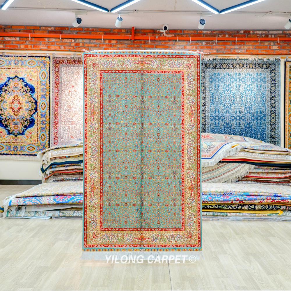 Home or Office Blue Hereke Design Persian Hand-Knotted Silk Rug 3x5ft - Image 3