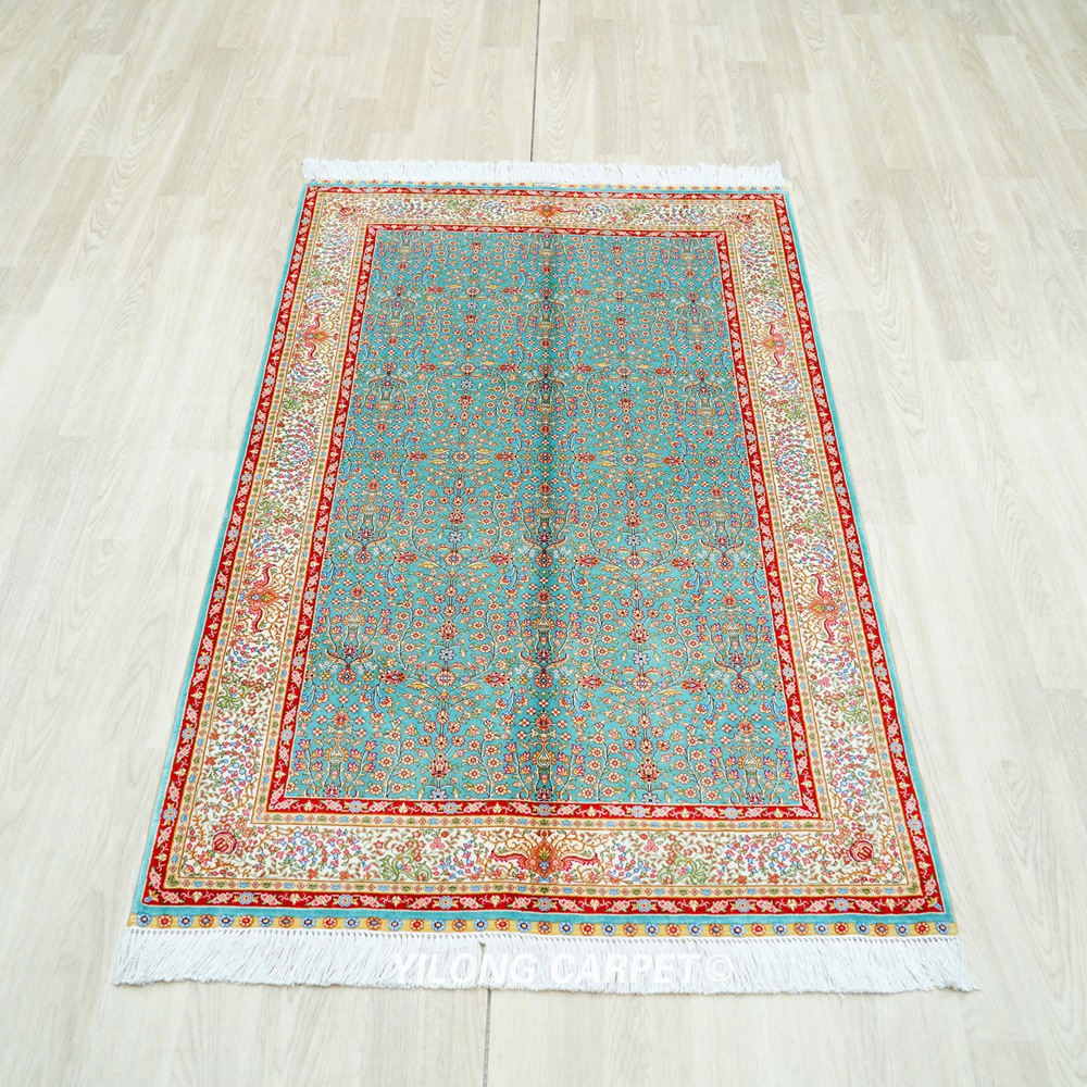 Home or Office Blue Hereke Design Persian Hand-Knotted Silk Rug 3x5ft - Image 4