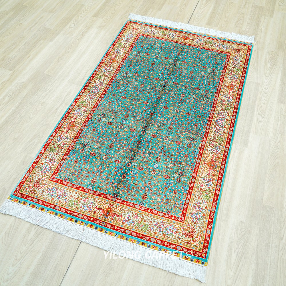 Home or Office Blue Hereke Design Persian Hand-Knotted Silk Rug 3x5ft - Image 5