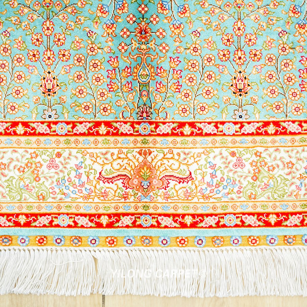 Home or Office Blue Hereke Design Persian Hand-Knotted Silk Rug 3x5ft - Image 6