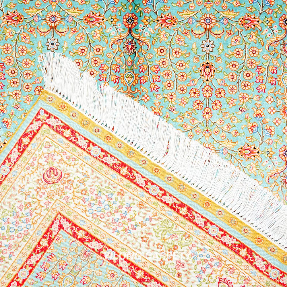 Home or Office Blue Hereke Design Persian Hand-Knotted Silk Rug 3x5ft - Image 9