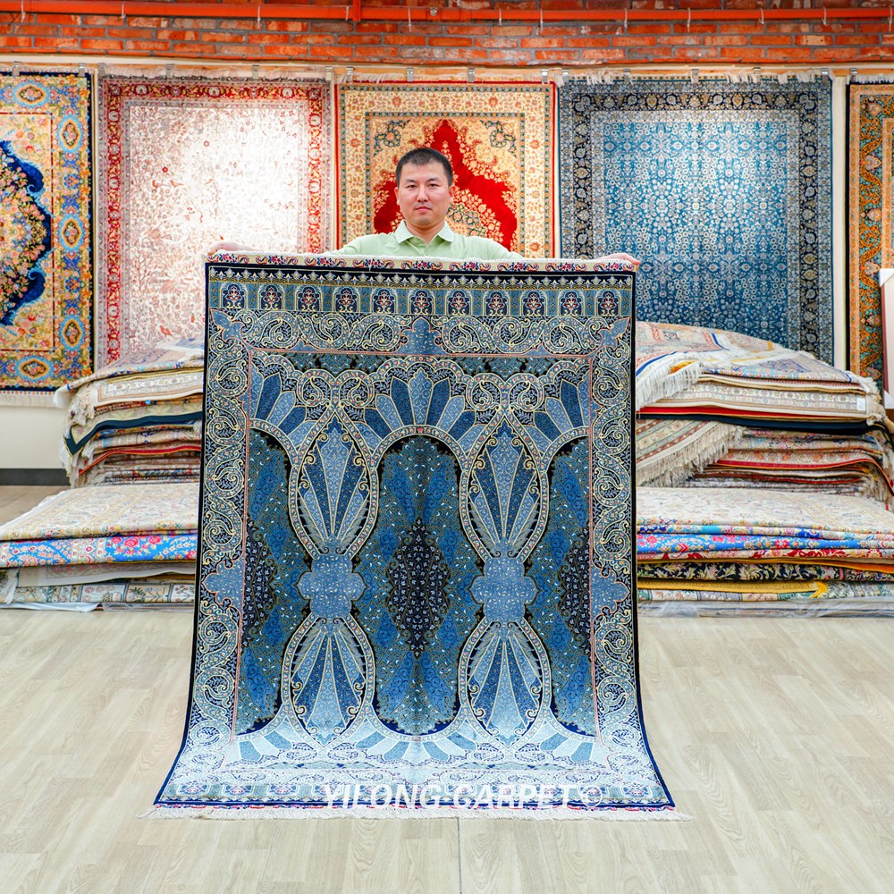 Blue Oriental Hand-Knotted Turkish Silk Rug for Home or Office 4x6ft - Image 3