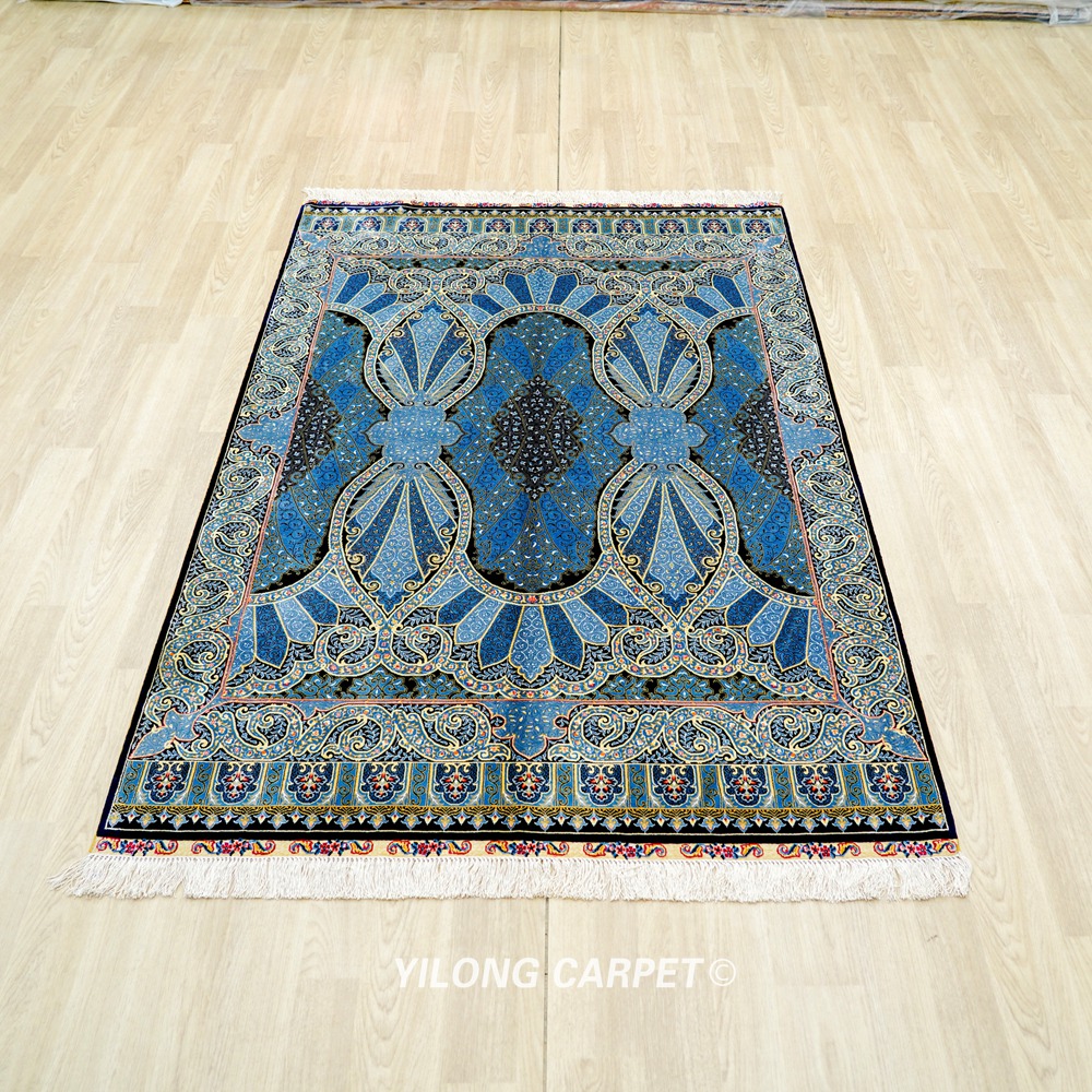 Blue Oriental Hand-Knotted Turkish Silk Rug for Home or Office 4x6ft - Image 4