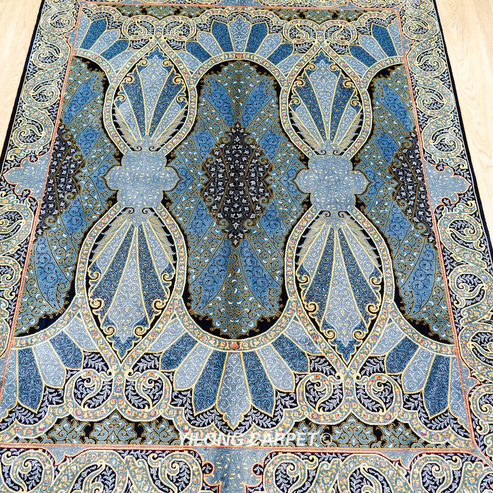 Blue Oriental Hand-Knotted Turkish Silk Rug for Home or Office 4x6ft - Image 5