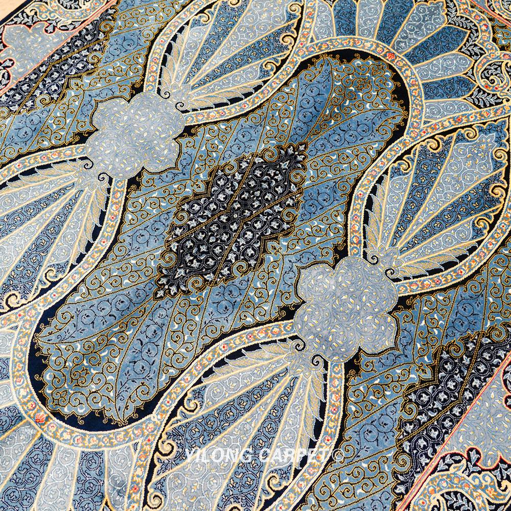 Blue Oriental Hand-Knotted Turkish Silk Rug for Home or Office 4x6ft - Image 7
