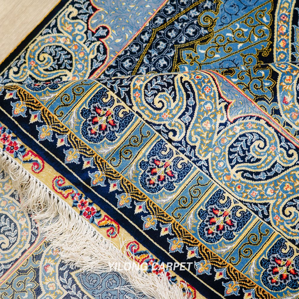 Blue Oriental Hand-Knotted Turkish Silk Rug for Home or Office 4x6ft - Image 8