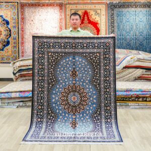 Traditional Tabriz Blue Persian Hand-Knotted Silk Area Rug 4x6ft