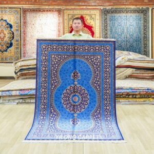Blue Persian Hand-Knotted Silk Area Luxury Rug for Home or Office 4x6ft