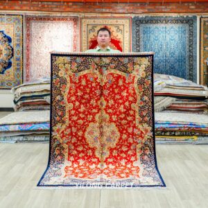 Red Floral Persian Hand-Knotted Pure Silk Qom Area Rug 4x6ft