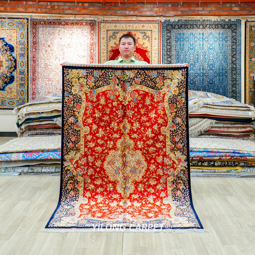 Red Floral Persian Hand-Knotted Pure Silk Qom Area Rug 4x6ft