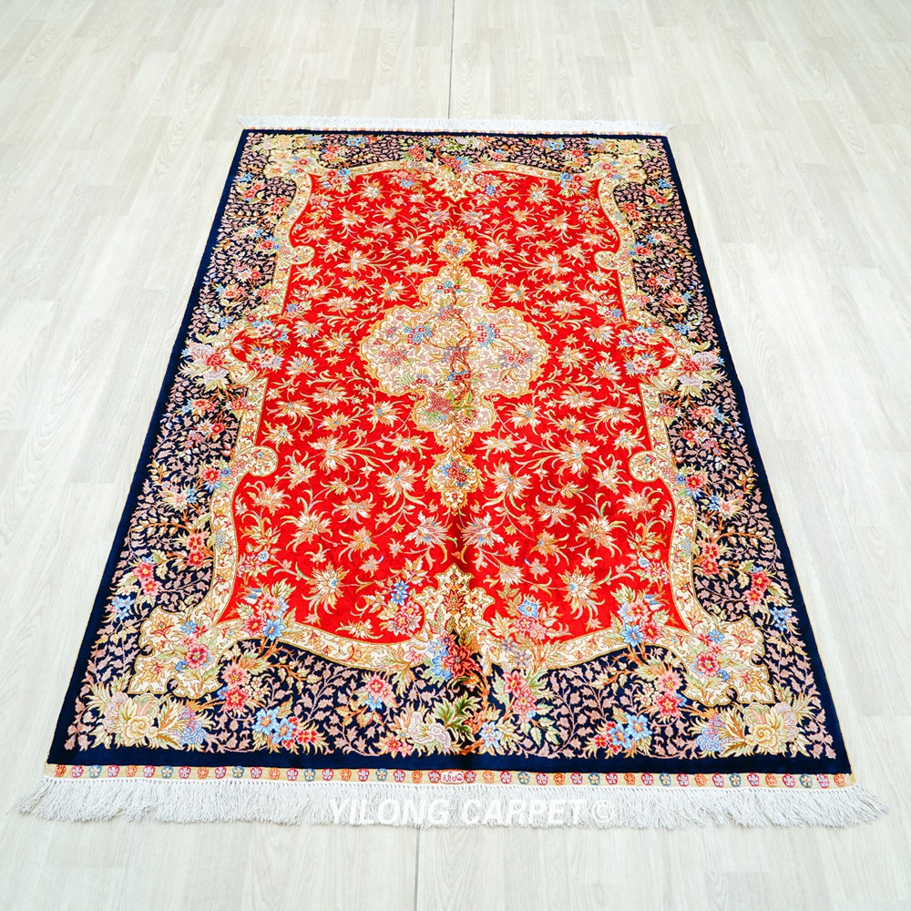 Red Floral Persian Hand-Knotted Pure Silk Qom Area Rug 4x6ft - Image 3