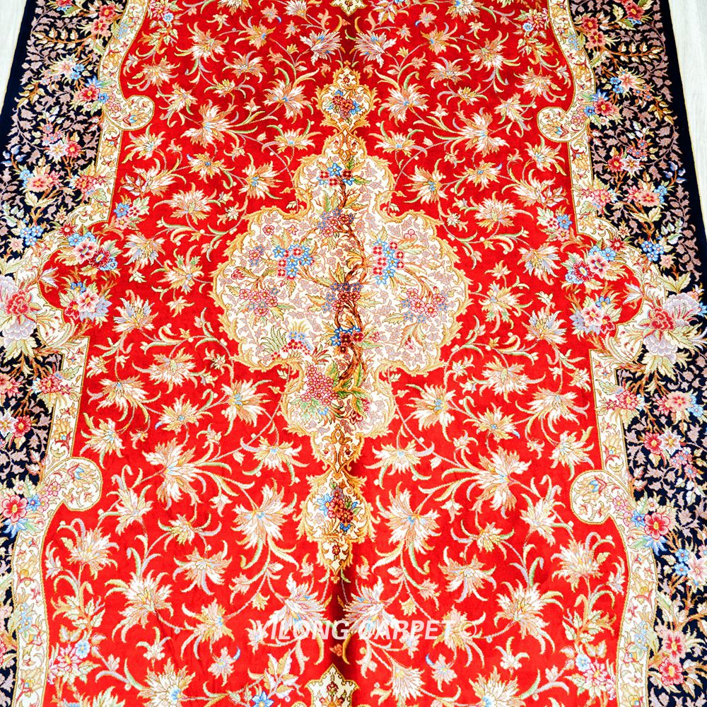 Red Floral Persian Hand-Knotted Pure Silk Qom Area Rug 4x6ft - Image 4