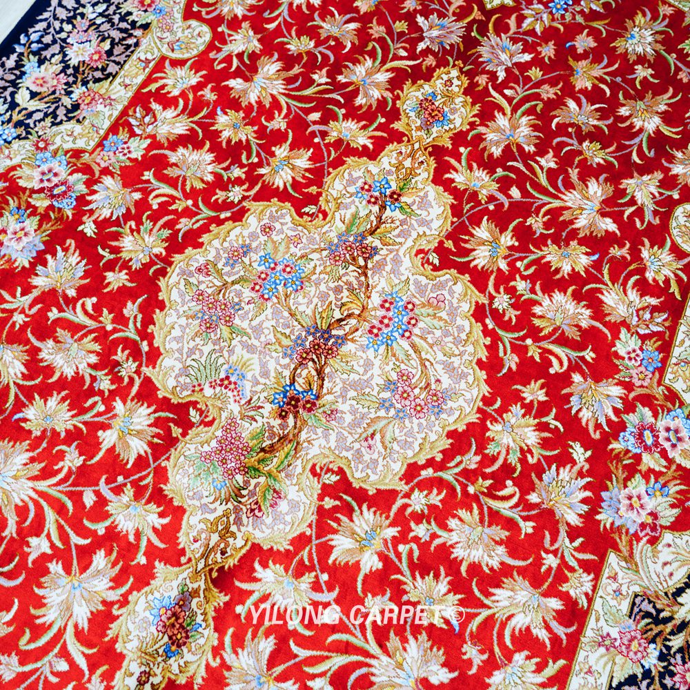Red Floral Persian Hand-Knotted Pure Silk Qom Area Rug 4x6ft - Image 5