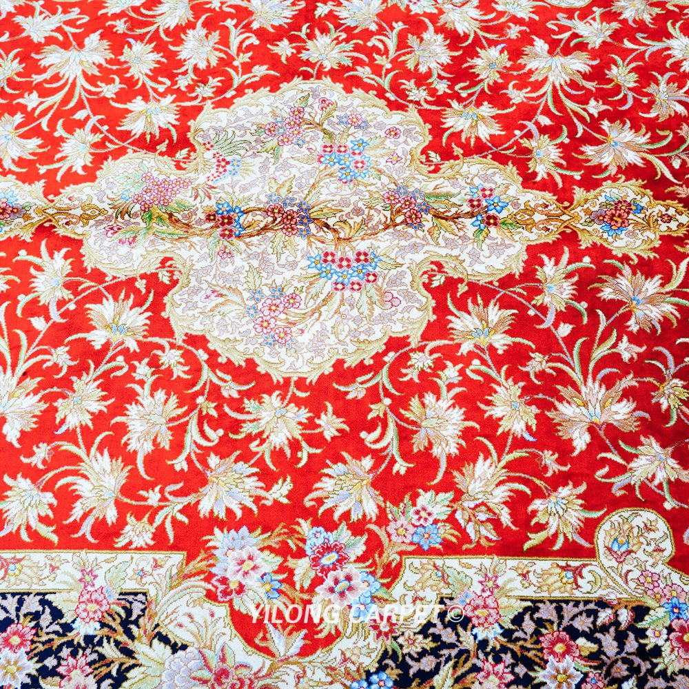 Red Floral Persian Hand-Knotted Pure Silk Qom Area Rug 4x6ft - Image 6