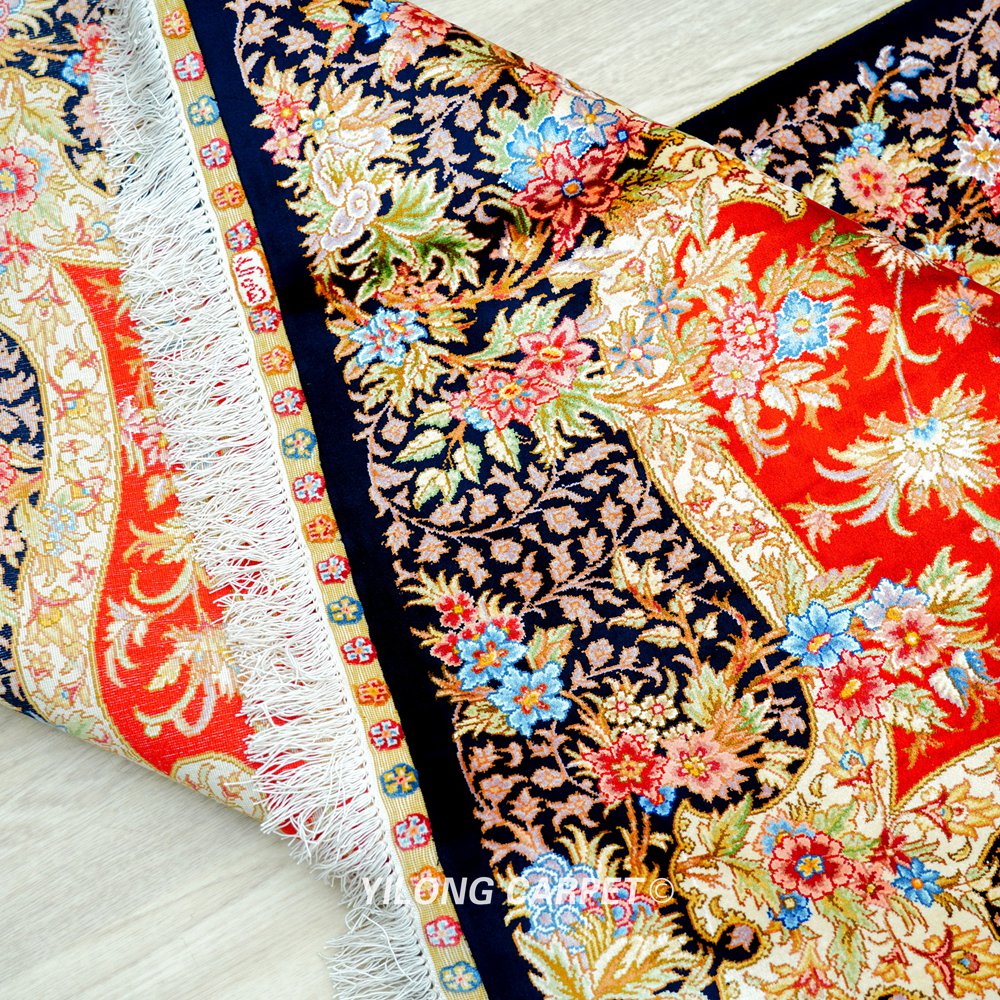 Red Floral Persian Hand-Knotted Pure Silk Qom Area Rug 4x6ft - Image 8