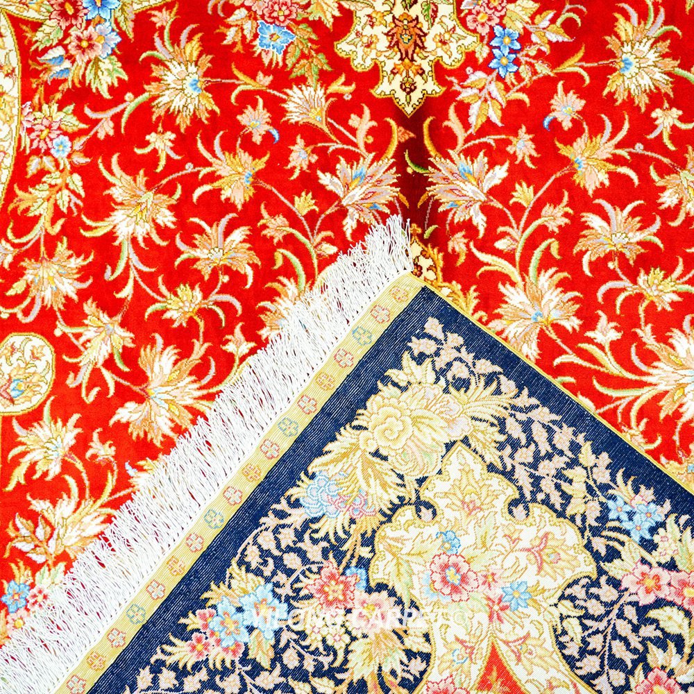 Red Floral Persian Hand-Knotted Pure Silk Qom Area Rug 4x6ft - Image 9