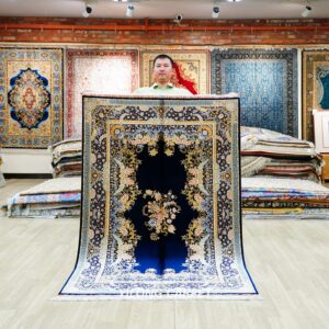 Dark Blue Floral Persian Hand-Knotted Pure Silk Qom Area Rug 4x6ft