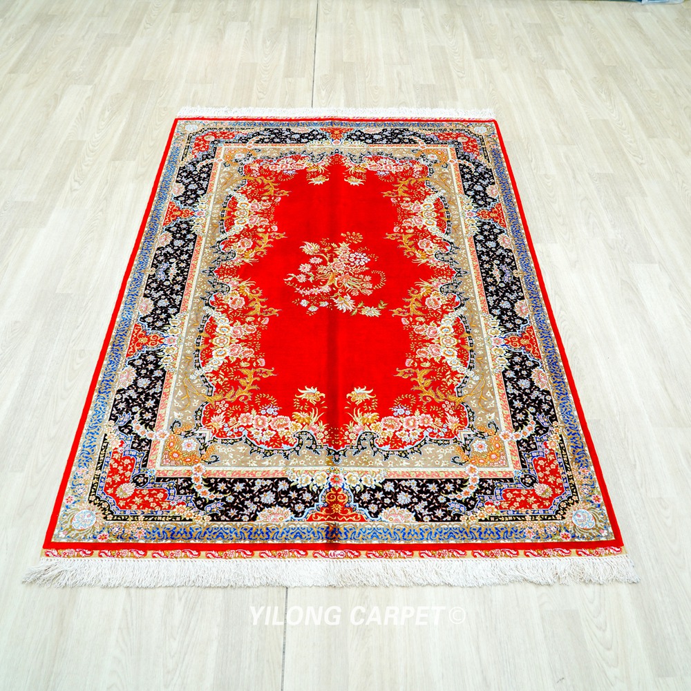 Red Floral Hand-Knotted Pure Silk Qom Area Rug 4x6ft - Image 3