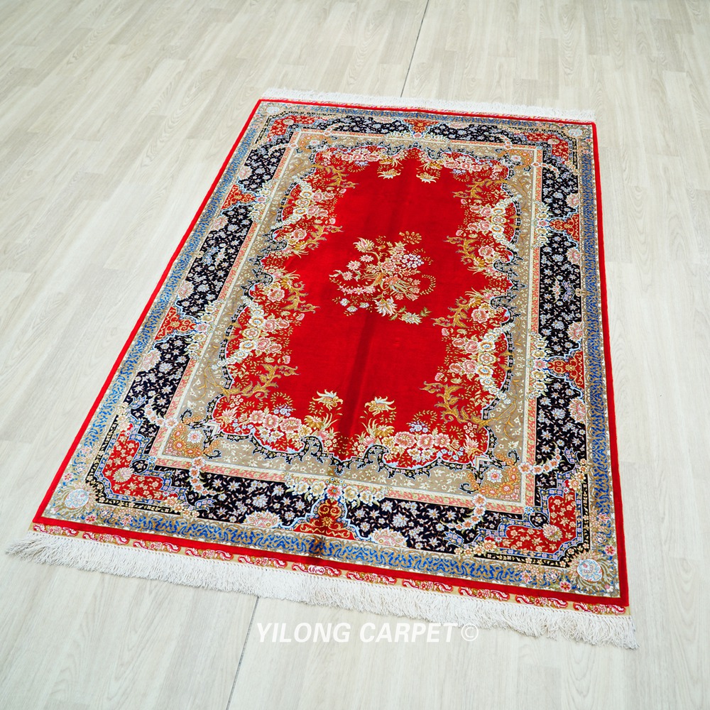 Red Floral Hand-Knotted Pure Silk Qom Area Rug 4x6ft - Image 4
