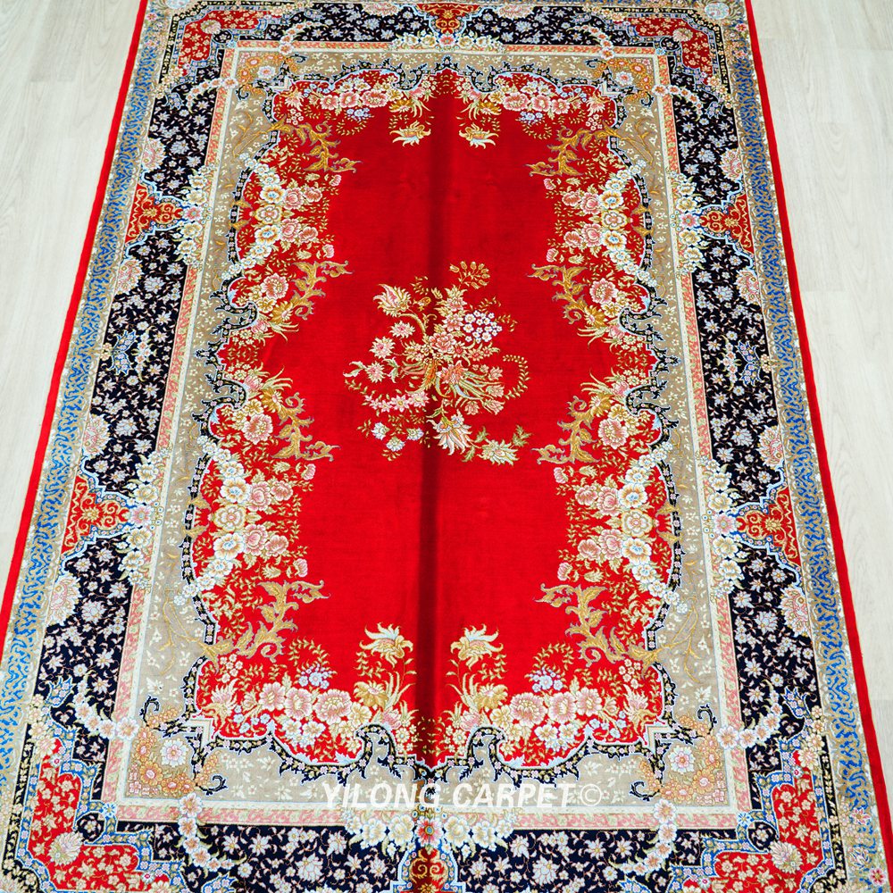 Red Floral Hand-Knotted Pure Silk Qom Area Rug 4x6ft - Image 5