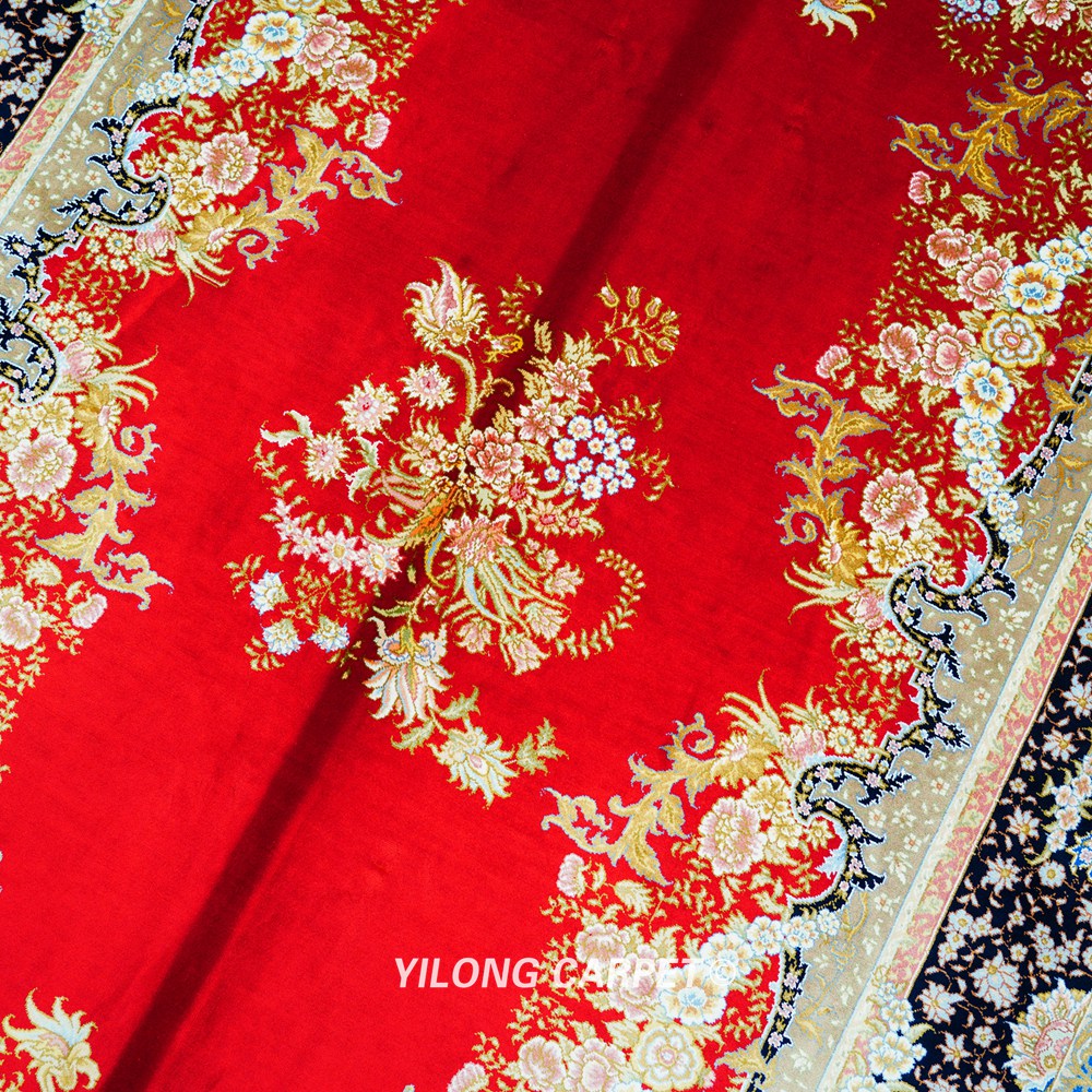 Red Floral Hand-Knotted Pure Silk Qom Area Rug 4x6ft - Image 6