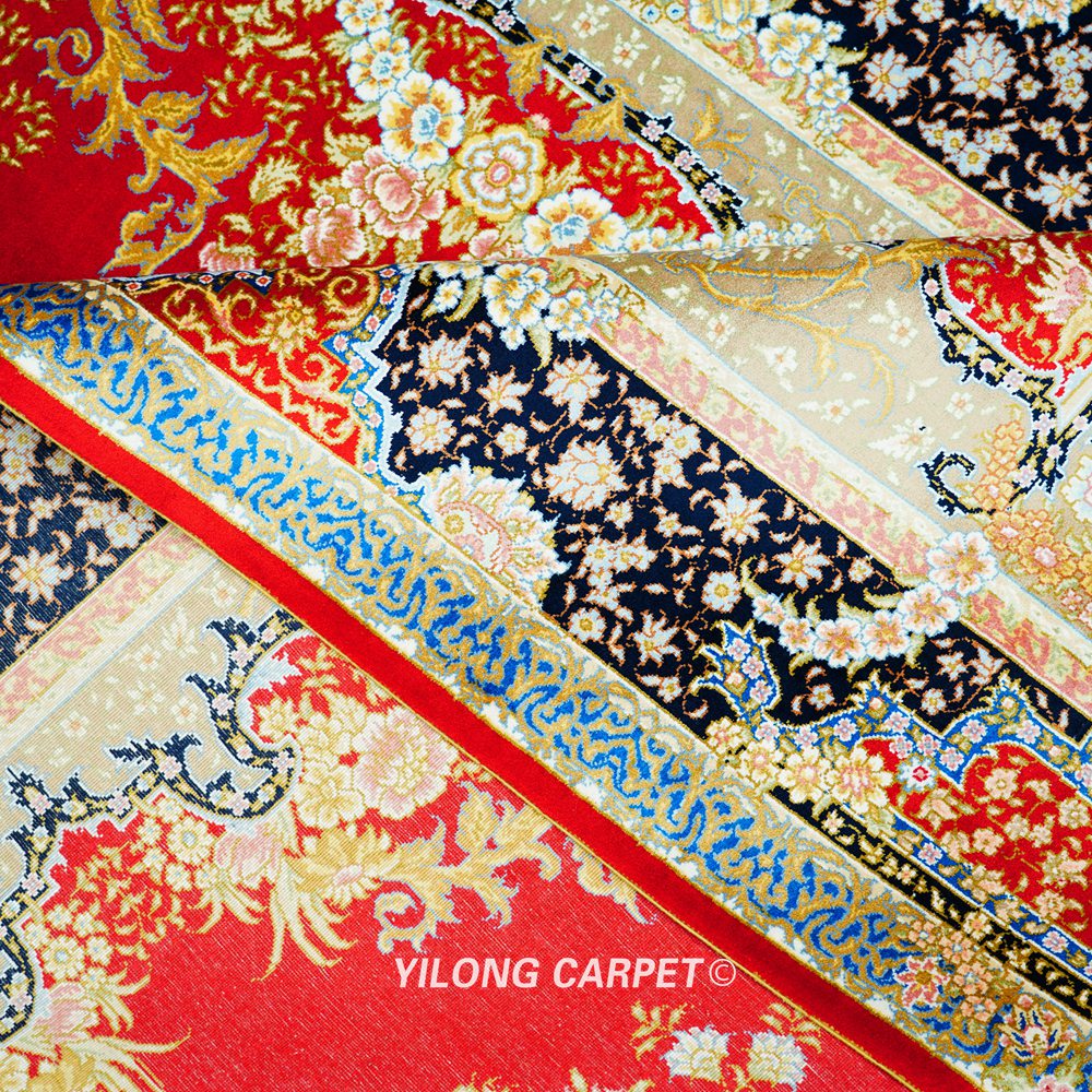 Red Floral Hand-Knotted Pure Silk Qom Area Rug 4x6ft - Image 7