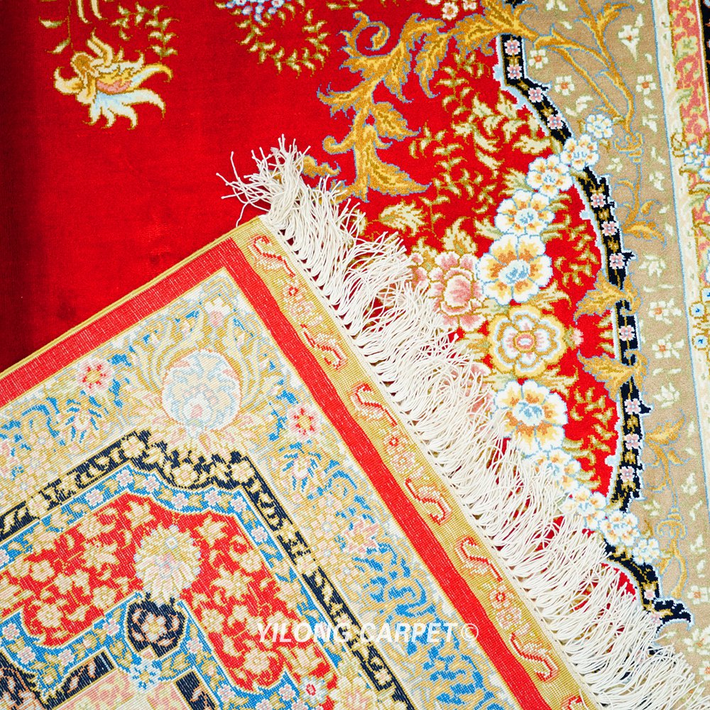 Red Floral Hand-Knotted Pure Silk Qom Area Rug 4x6ft - Image 8