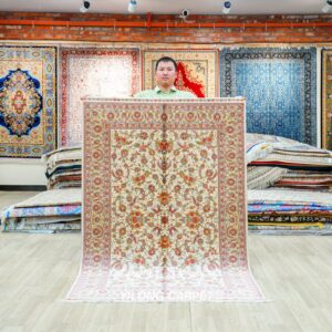 Beige Floral Hereke Hand-Knotted Pure Silk Qom Area Rug 4x6ft