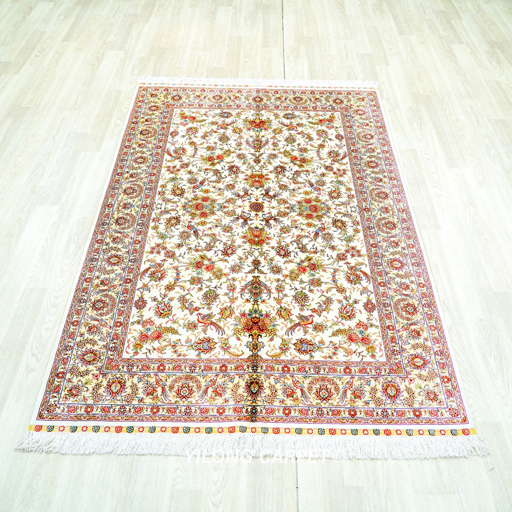Beige Floral Hereke Hand-Knotted Pure Silk Qom Area Rug 4x6ft - Image 3
