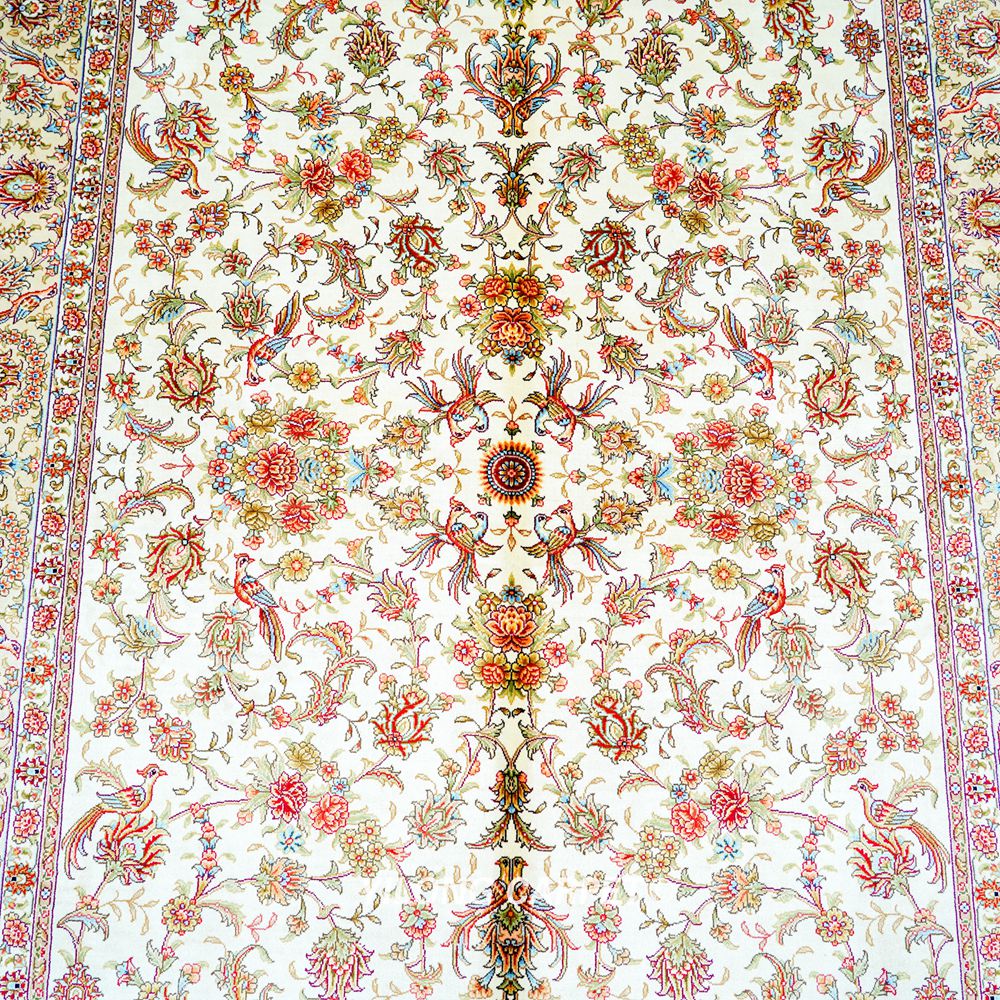 Beige Floral Hereke Hand-Knotted Pure Silk Qom Area Rug 4x6ft - Image 5